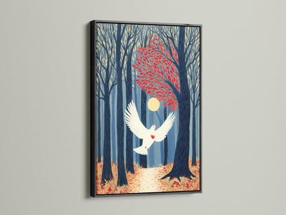 Dove in Forest artwork with a black frame. The serene nature print features a white dove. It brings a calming touch to any space. This modern wall art fits minimalist and contemporary styles. Perfect for creating a peaceful atmosphere.
