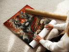 A woman is carefully rolling a fine art poster paper print. This Japanese style tiger art is ready to be framed. The mystical animal poster is perfect for any space. Elevate your decor with this Asian-inspired artwork. Get ready to display this stunning tiger print.
