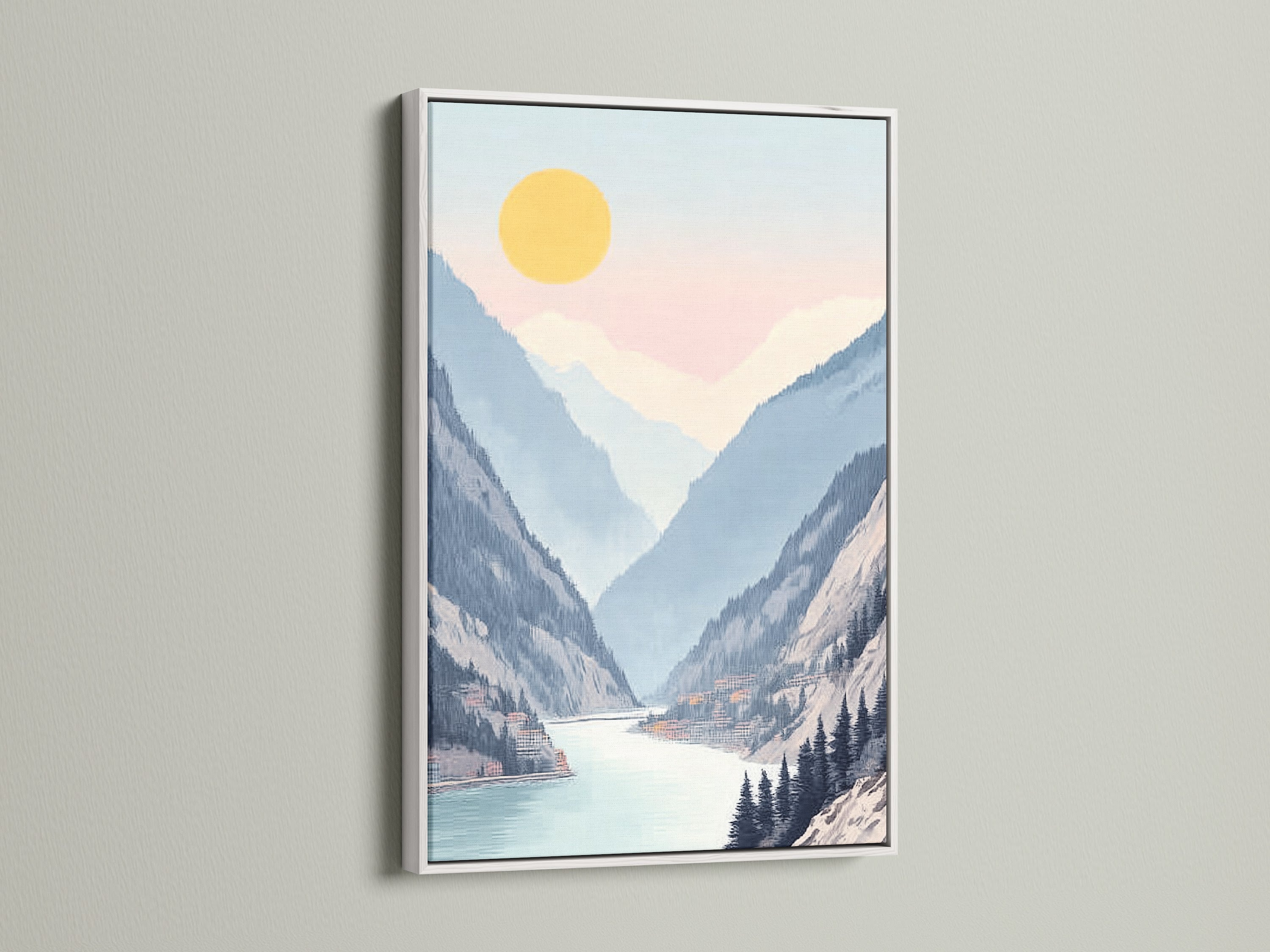 Experience the beauty of this mountain lake art. It's presented in a clean white frame. The pastel landscape artwork adds a serene touch to any room. This canvas print is perfect for modern contemporary wall decor. It complements minimalist and coastal styles.