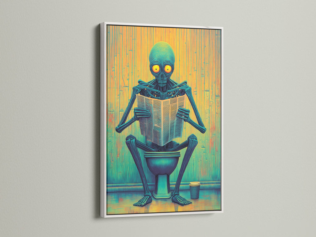 Here's a white framed Alien on Toilet canvas print. This funny artwork enhances any bathroom decor. The sci-fi novelty poster brings a quirky vibe. It's perfect for modern and eclectic styles. The blue and yellow hues add vibrancy to the walls.