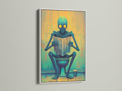 Here's a white framed Alien on Toilet canvas print. This funny artwork enhances any bathroom decor. The sci-fi novelty poster brings a quirky vibe. It's perfect for modern and eclectic styles. The blue and yellow hues add vibrancy to the walls.