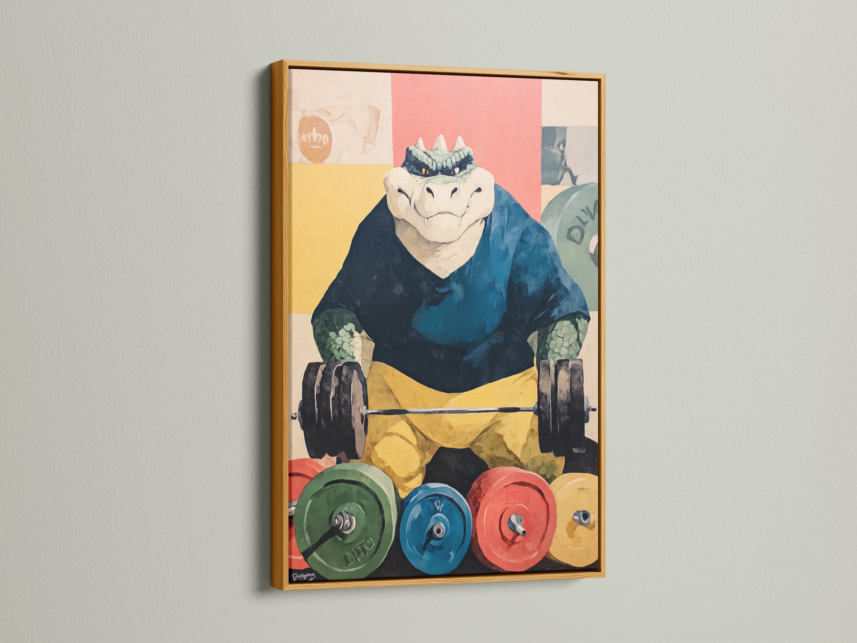 Weightlifting Gator artwork in a gold frame. This funny gator artwork is great workout art. It's an ideal gift for fitness fans. Add some humor to your gym decor with this reptile wall art.