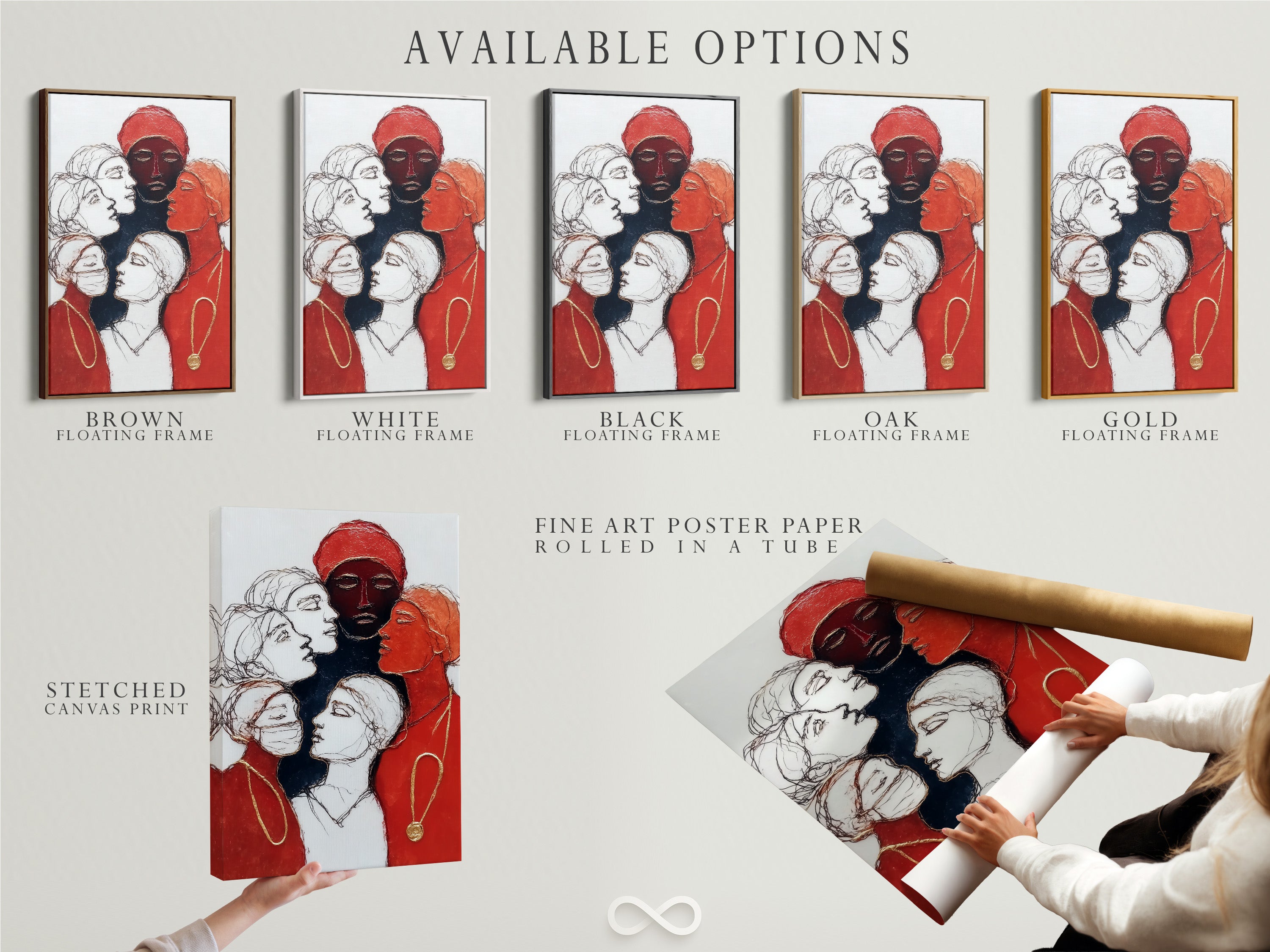 Available options are displayed including a stretched canvas print fine art poster paper and floating frame. The artwork features diverse female portraits. Select the perfect format for your space. This modern art enhances any room. The colors are red and black.