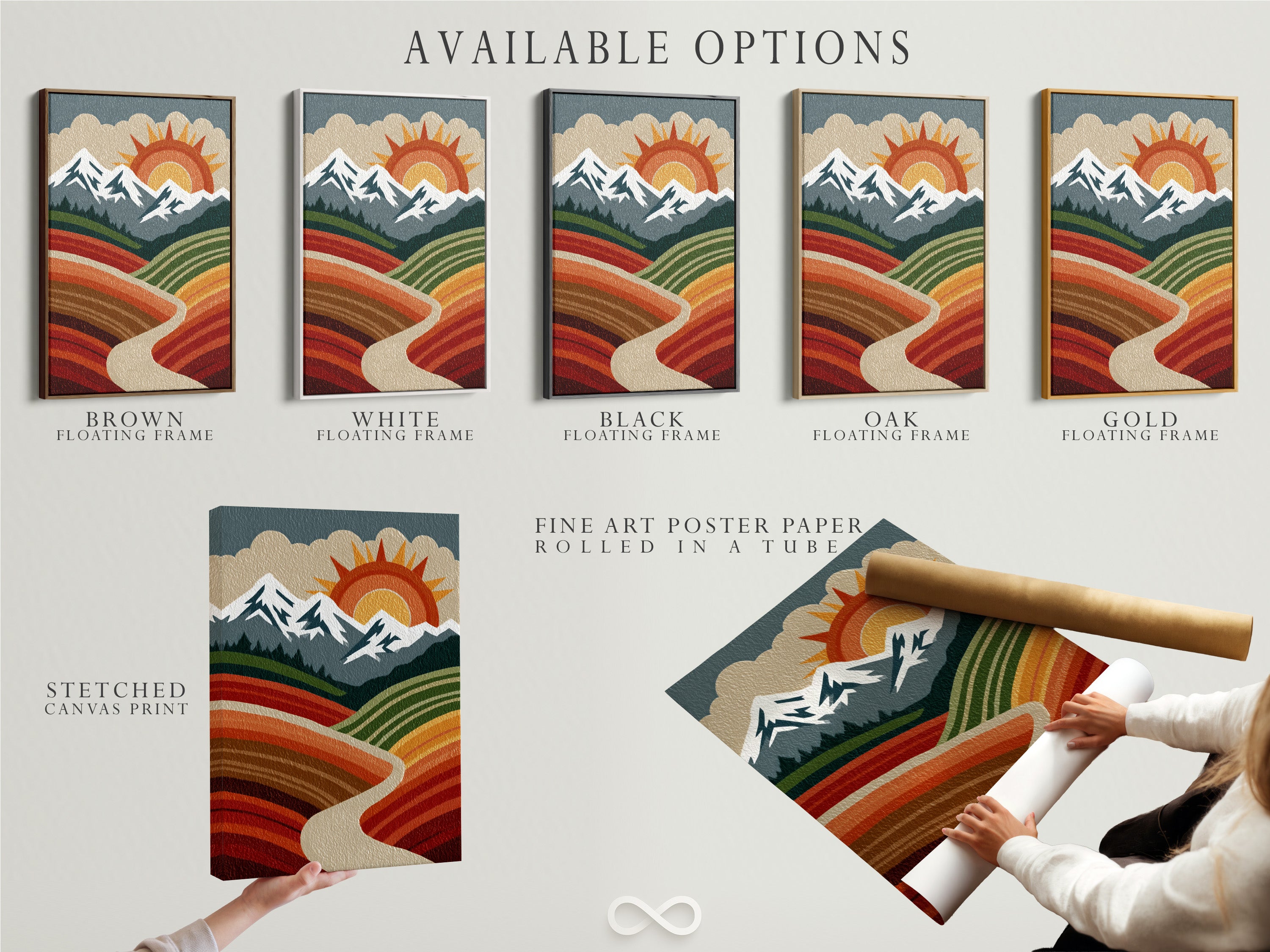 Available options for the retro mountain landscape artwork. Choose from a stretched canvas print a fine art poster paper or a floating frame. The art features a vintage sun mountains and valley. Customize your art to fit your style.