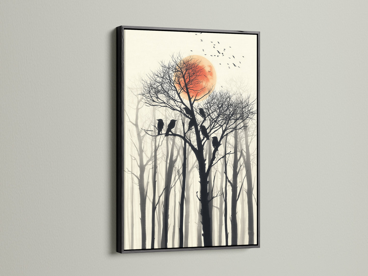 Birds on tree canvas print. This artwork features a red sun and a forest silhouette. The artwork is framed in a black frame.  Ideal for studies reading nooks and meditation spaces. Perfect nature lover gift.