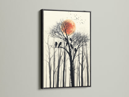 Birds on tree canvas print. This artwork features a red sun and a forest silhouette. The artwork is framed in a black frame.  Ideal for studies reading nooks and meditation spaces. Perfect nature lover gift.