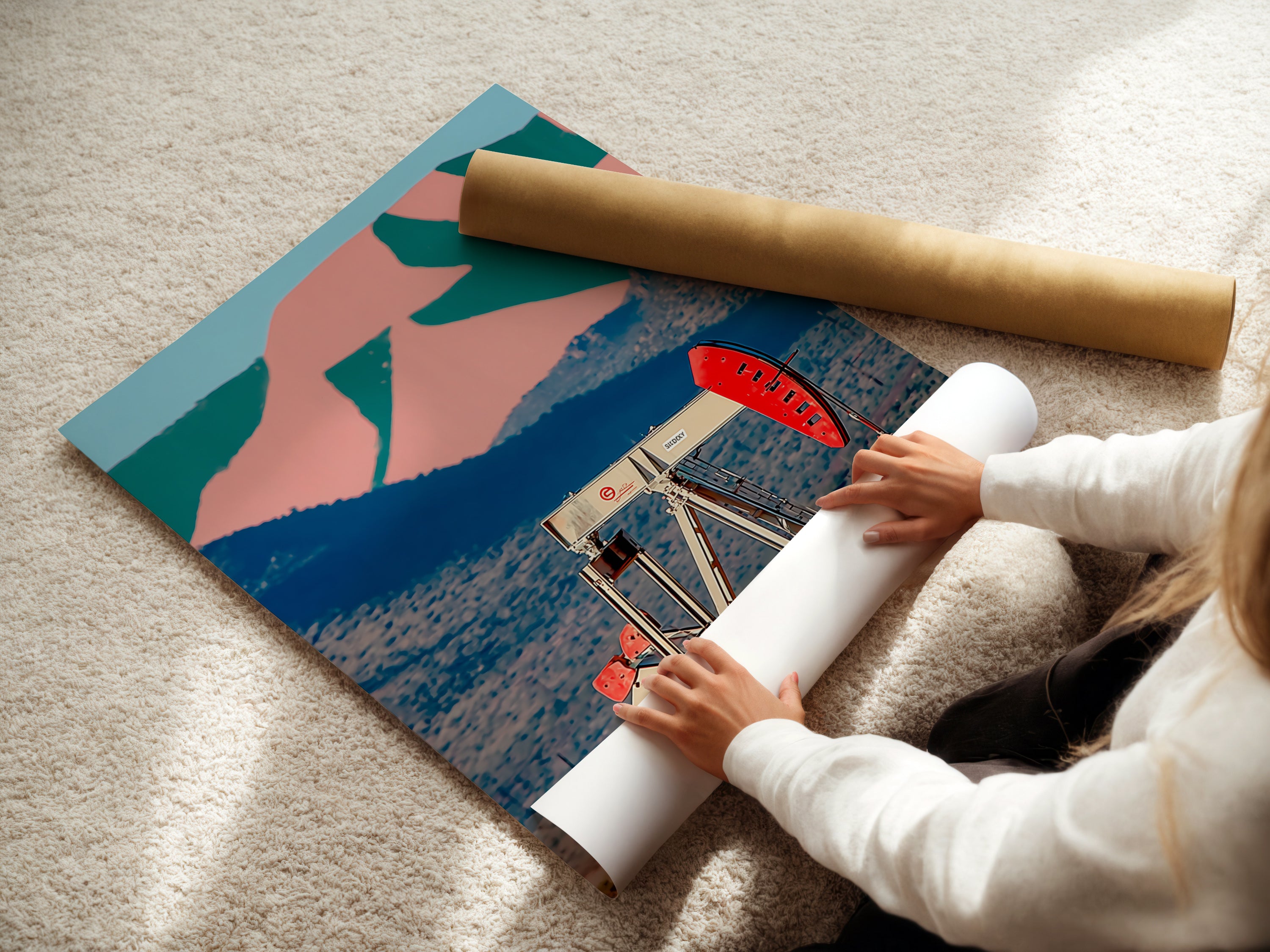 A woman is carefully rolling a fine art poster paper print. The artwork is a desert oil pump. The industrial landscape has a retro pop art style. Ideal for vintage Americana decor or office art.