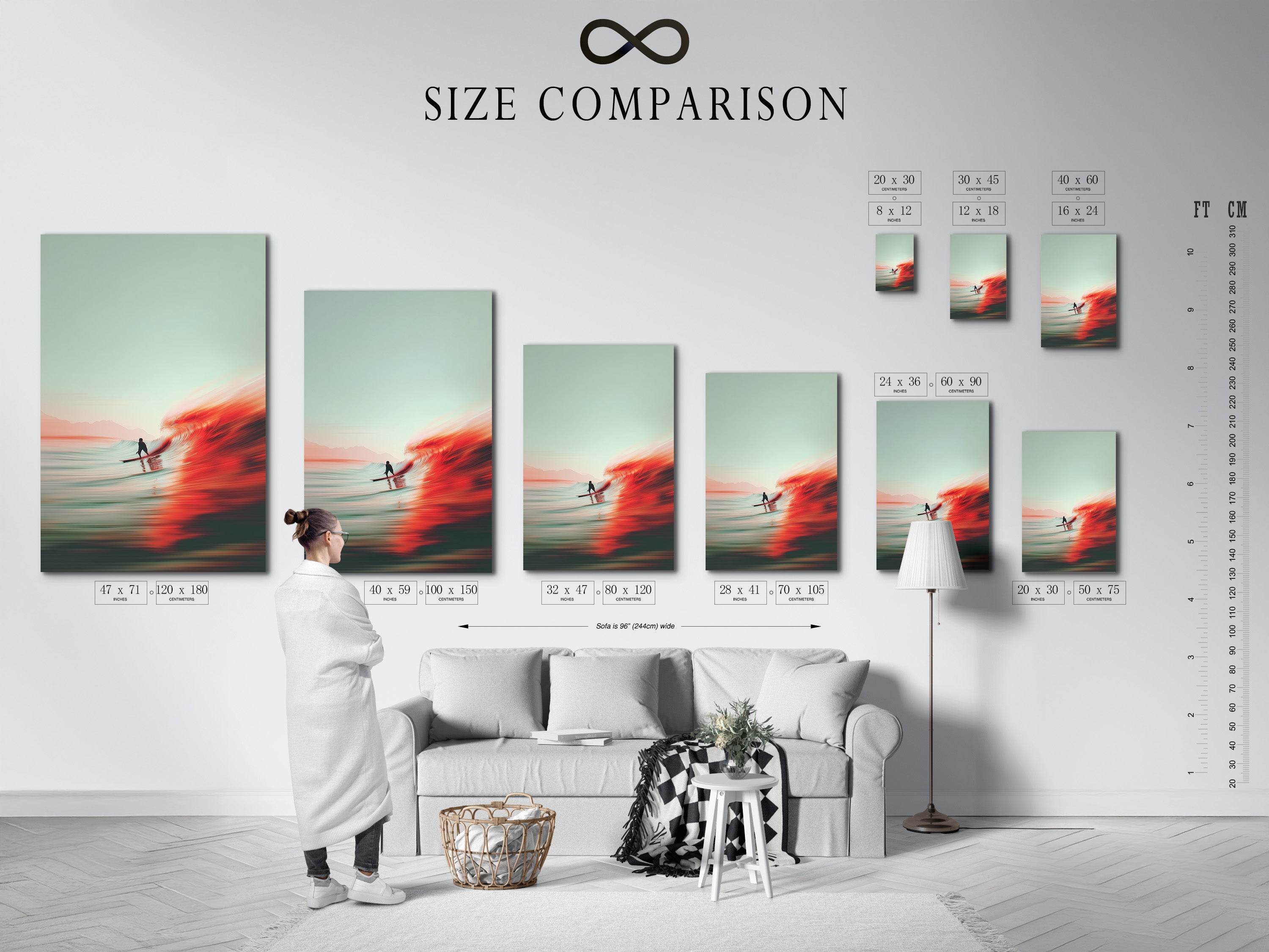 A size comparison chart is displayed in an interior. Visualize art print sizes. Find the perfect size for your space. See how artwork fits in a room. Explore size options for canvas and posters. Shop now.