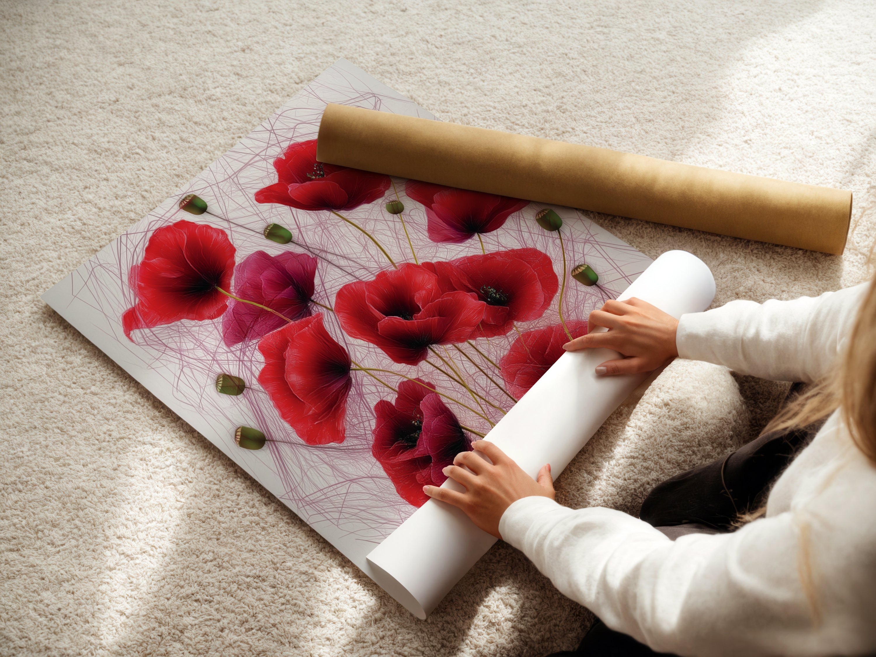 A woman is carefully rolling a fine art poster paper. This shows the care and quality of the botanical prints. Get ready to display your new crimson decor. Perfect for adding floral wall art to your space.