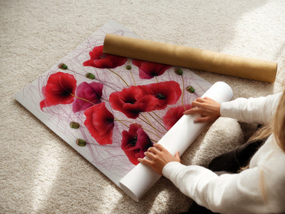 A woman is carefully rolling a fine art poster paper. This shows the care and quality of the botanical prints. Get ready to display your new crimson decor. Perfect for adding floral wall art to your space.
