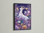 A sleek black frame highlights a white deer canvas print. The mystical forest artwork features a purple lotus print. It's perfect for adding a touch of magic to your living room or bedroom wall decor