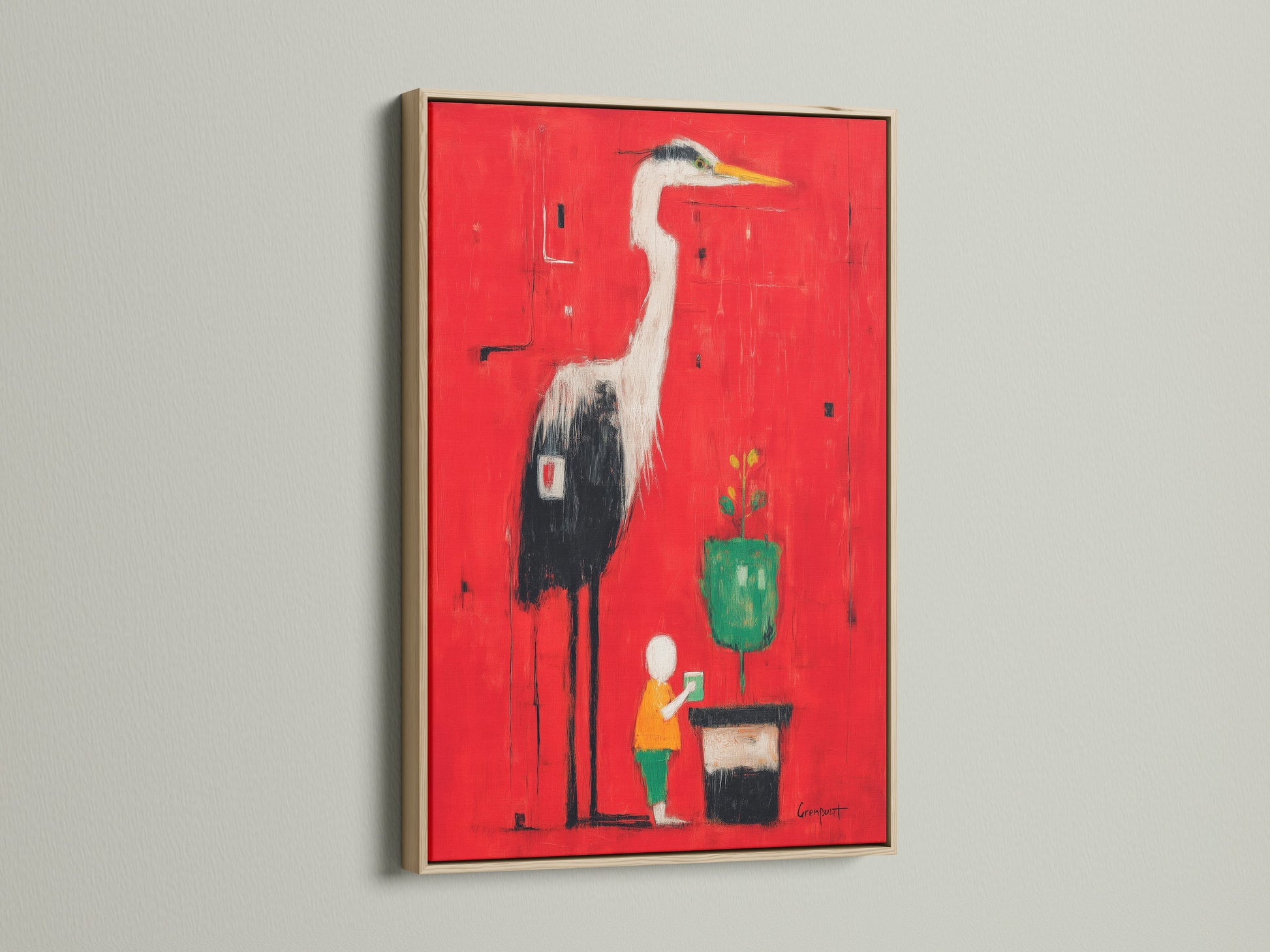 Heron Art Canvas Print with an oak frame. The red abstract wall art features a modern bird artwork. It's a great piece for contemporary spaces. The oak frame adds a touch of natural elegance.