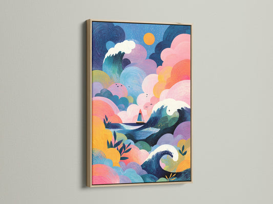A vibrant art print is showcased in an oak frame. The frame complements the art piece. The artwork depicts a whimsical seascape. It brings a touch of nature indoors with its warm wood tones.