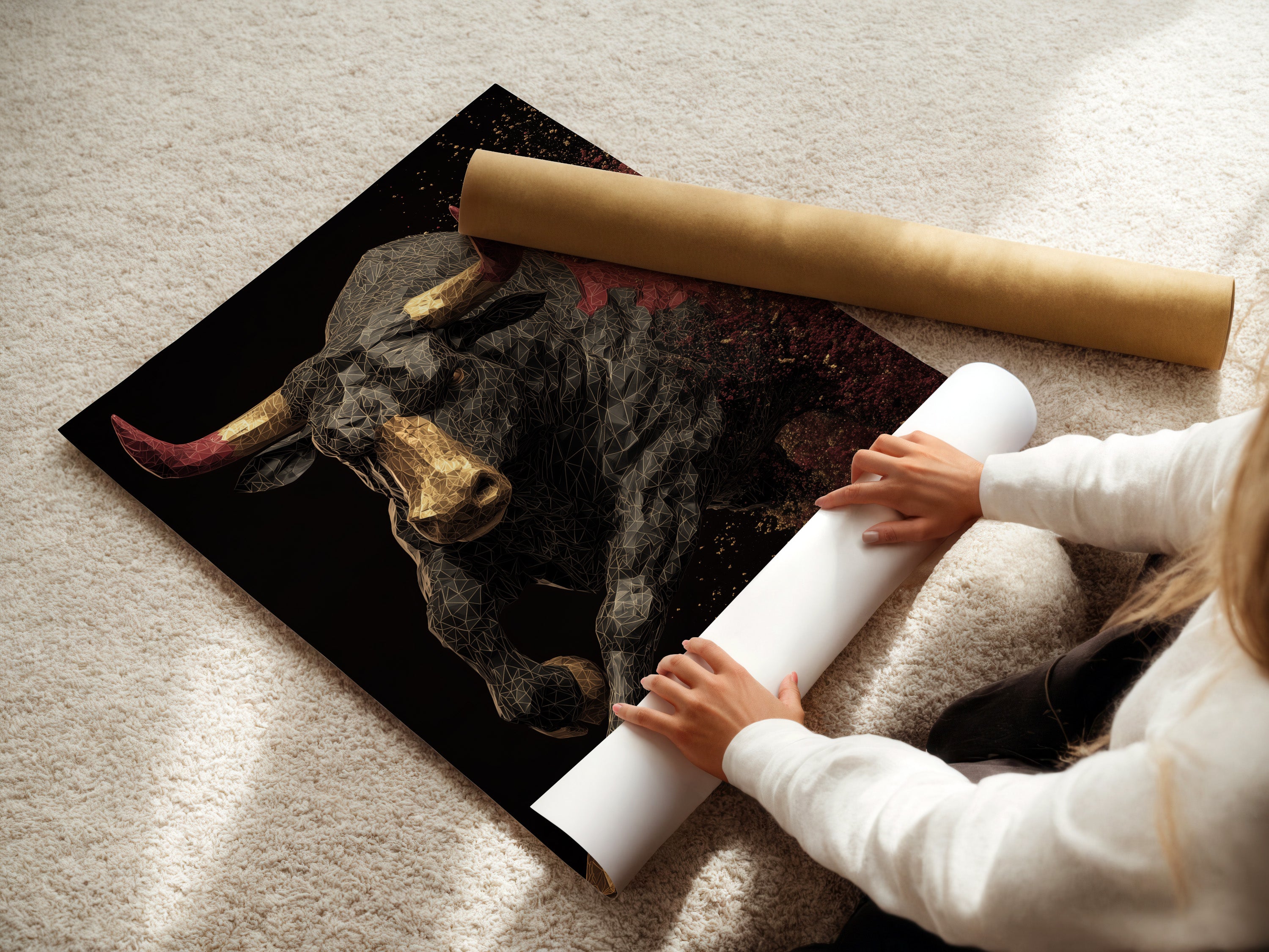 A woman carefully rolls a fine art poster paper. She ensures a smooth surface. The paper is ready for printing a beautiful artwork. High-quality materials guarantee stunning results.