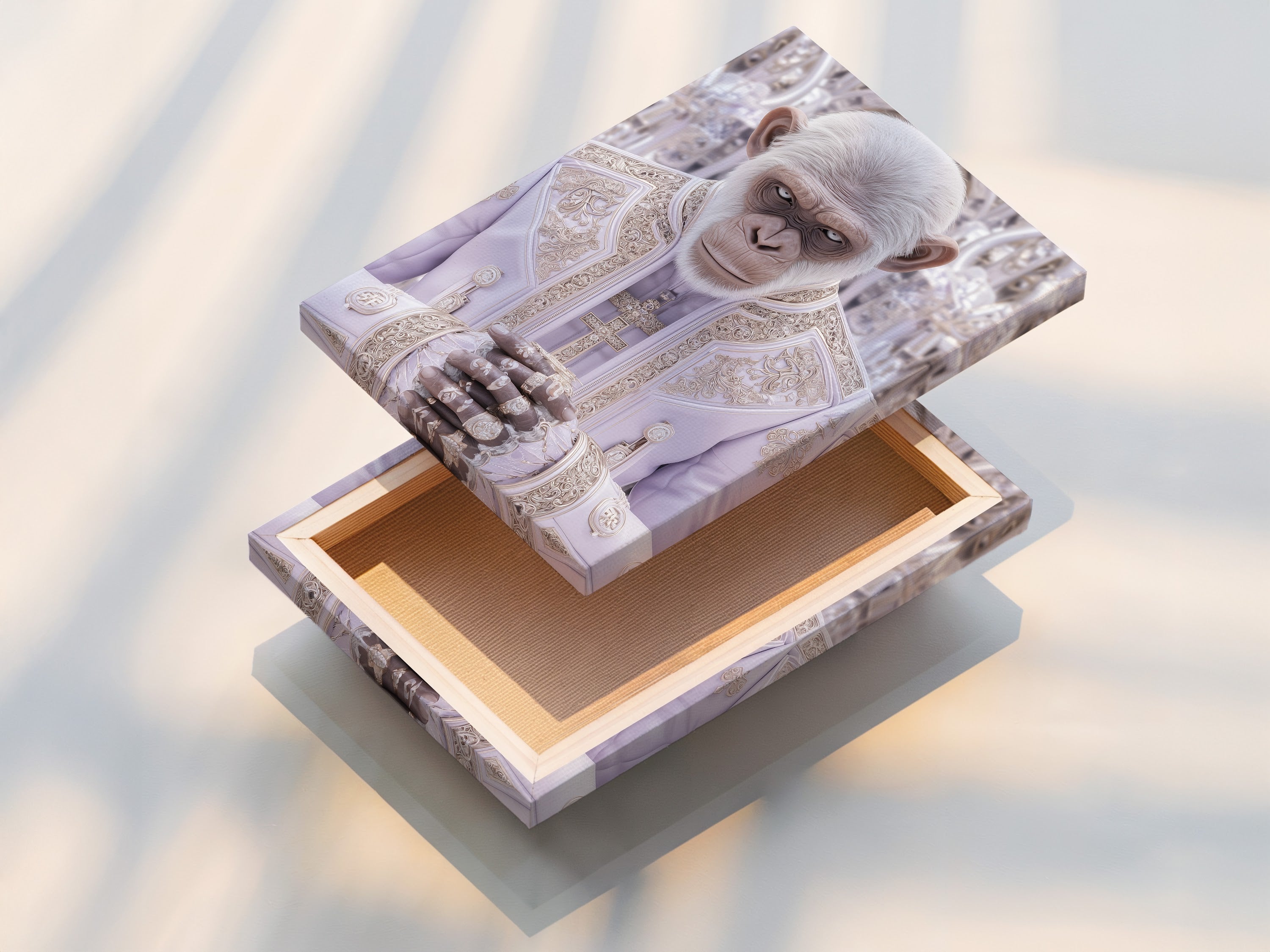 A stretched canvas print of the Monkey Pope artwork is displayed. The canvas is expertly stretched to create a gallery-ready piece. This contemporary animal portrait is perfect for adding a touch of satire to your walls. The stretched canvas print offers a modern and clean look. It's ideal for any room in your home or office.