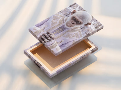 A stretched canvas print of the Monkey Pope artwork is displayed. The canvas is expertly stretched to create a gallery-ready piece. This contemporary animal portrait is perfect for adding a touch of satire to your walls. The stretched canvas print offers a modern and clean look. It's ideal for any room in your home or office.
