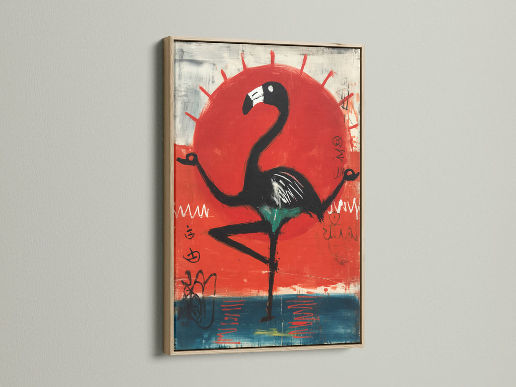 This oak frame enhances the modern bird art. The contemporary flamingo art print is beautifully showcased. The natural wood tones complement the red sun canvas art. Add a touch of tropical style to your space. This frame brings warmth to any room's bird artwork.