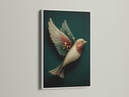 Elegant bird artwork showcased in a white frame. This fantasy wall art uses neutral tones perfect for minimalist decor. Whimsical artwork brings a magical touch. The white frame complements this serene art print.
