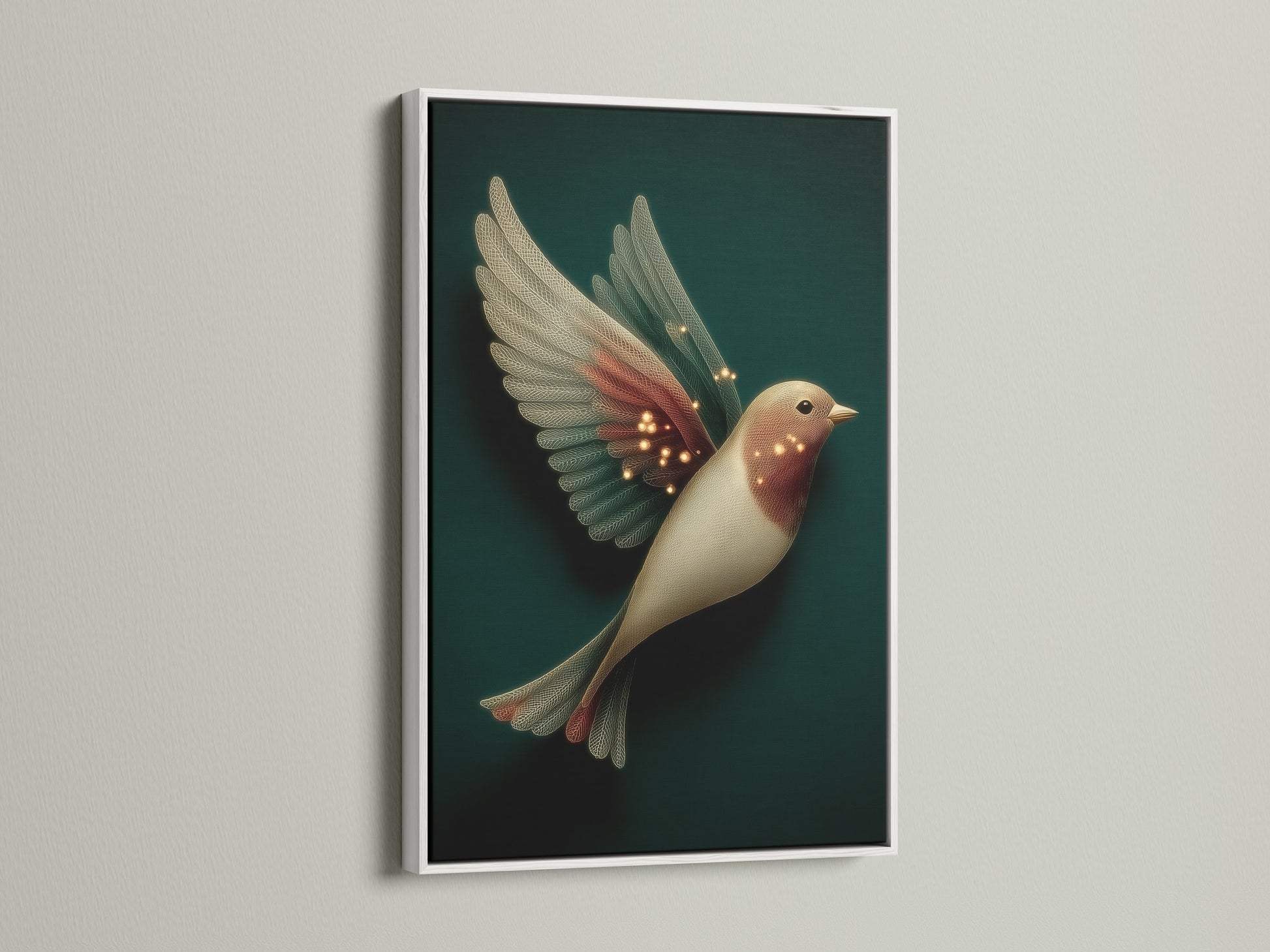 Elegant bird artwork showcased in a white frame. This fantasy wall art uses neutral tones perfect for minimalist decor. Whimsical artwork brings a magical touch. The white frame complements this serene art print.