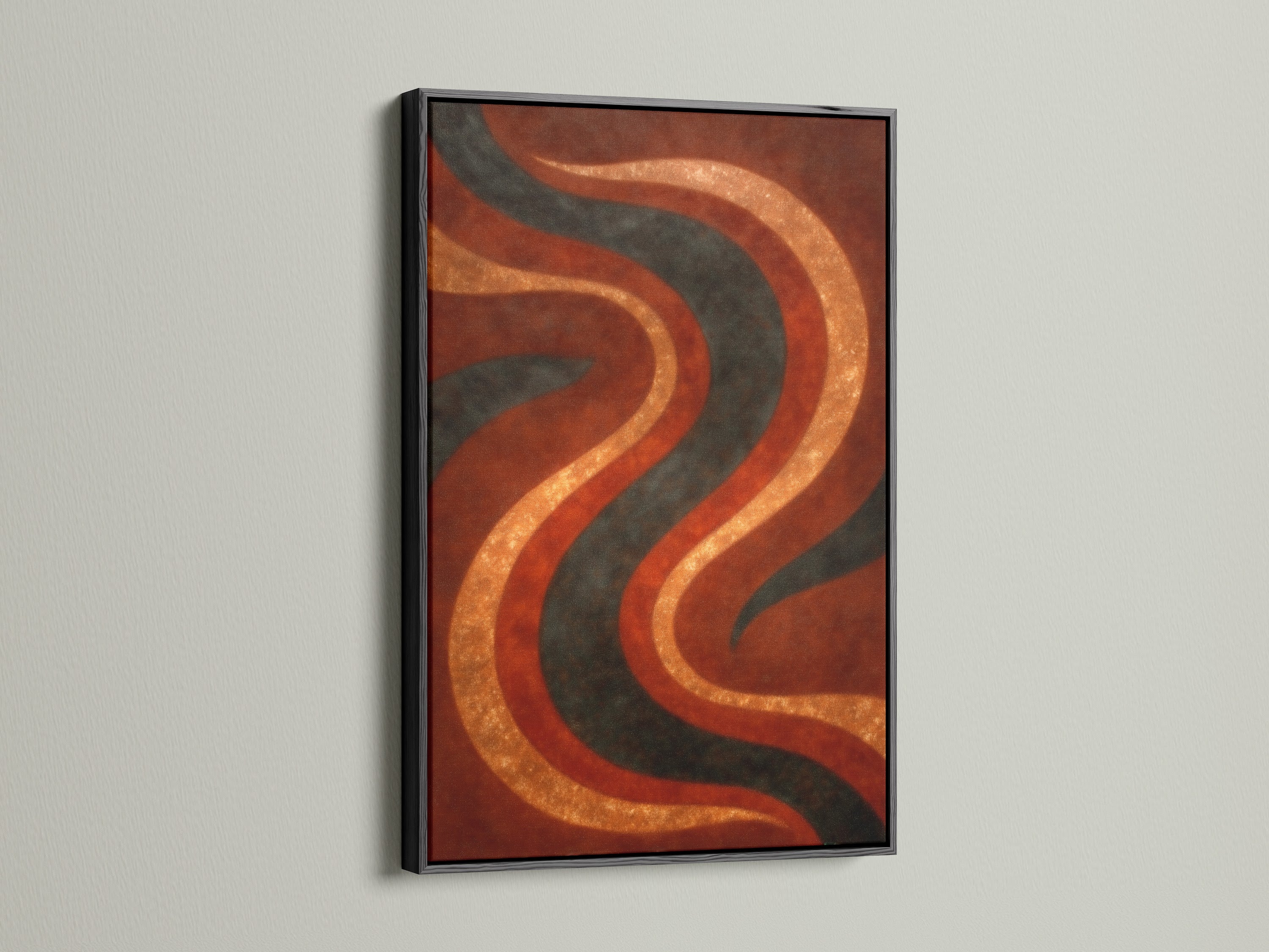 Abstract wave art in a black frame. The black frame makes the artwork pop. The retro 70s artwork features earthy rust orange and sage green colors. It is ideal for eclectic or Scandinavian styles. Transform your walls now.