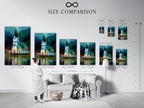 A size comparison chart of the Church at Night Canvas Print displayed in an interior setting. Visualize the perfect dimensions for your space. This religious wall art is available in various sizes to suit any room. The teal and orange colors create a calming and modern atmosphere. Find the ideal fit for your office or home.