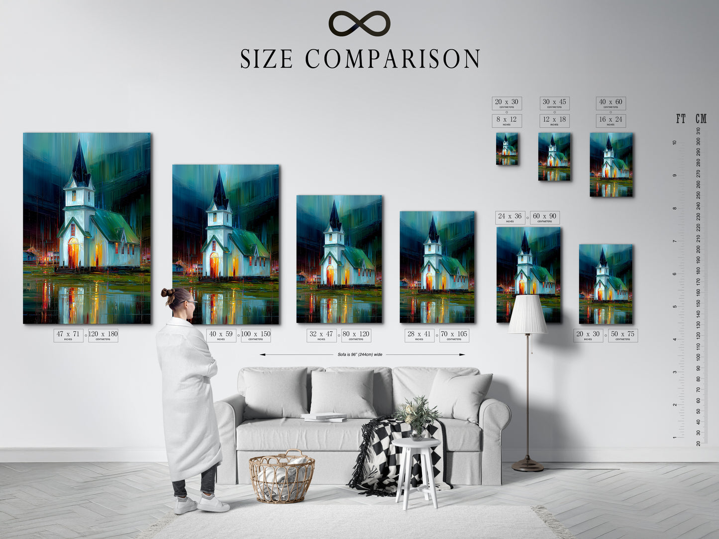 A size comparison chart of the Church at Night Canvas Print displayed in an interior setting. Visualize the perfect dimensions for your space. This religious wall art is available in various sizes to suit any room. The teal and orange colors create a calming and modern atmosphere. Find the ideal fit for your office or home.