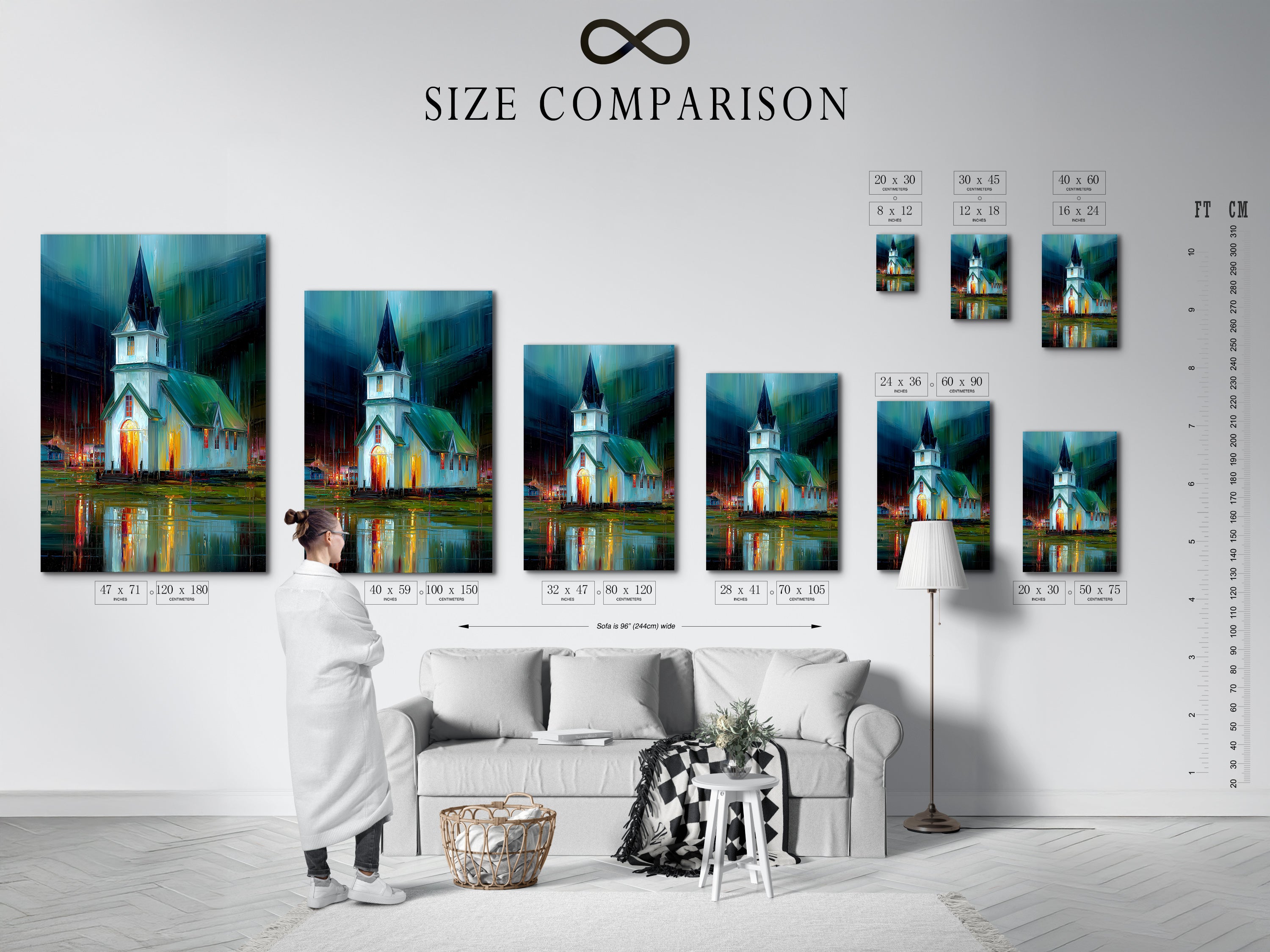 A size comparison chart of the Church at Night Canvas Print displayed in an interior setting. Visualize the perfect dimensions for your space. This religious wall art is available in various sizes to suit any room. The teal and orange colors create a calming and modern atmosphere. Find the ideal fit for your office or home.