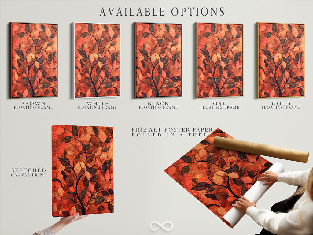 Explore available options for botanical leaf artwork. Choose from stretched canvas prints or fine art poster paper. Consider a floating frame for your terracotta wall art. Autumn leaves artwork is customizable to your preferences. Select the perfect foliage print to enhance your space.
