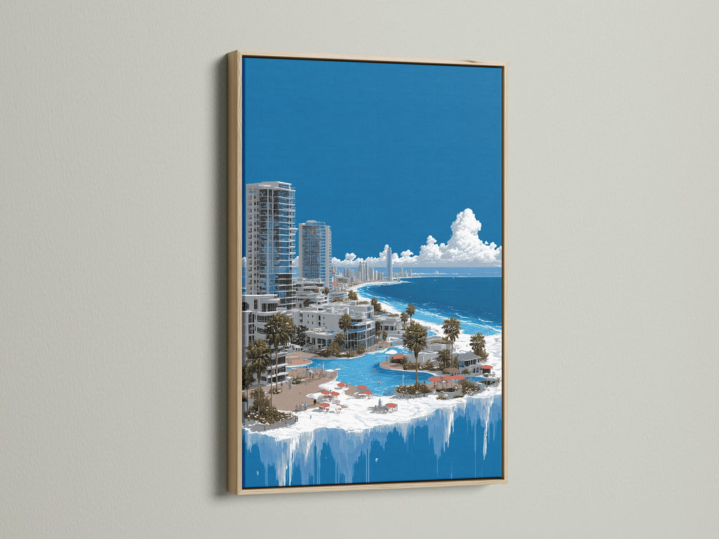 Surreal Frozen City canvas art displayed in an oak frame. This fantasy landscape brings an icy urban touch to any room. Ideal modern wall art for living rooms bedrooms and offices.
