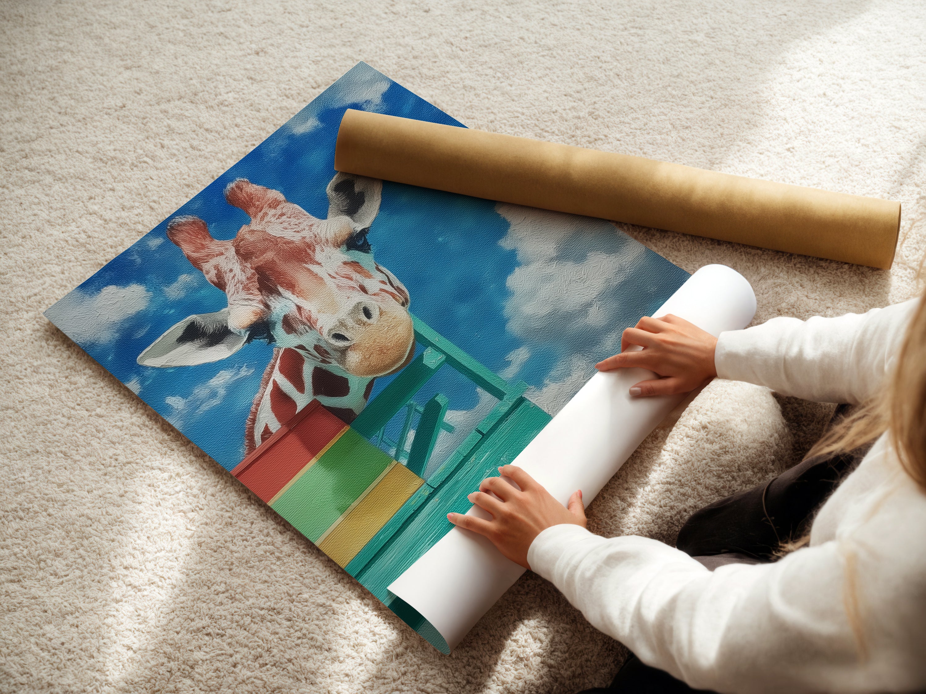 A woman is carefully rolling a fine art poster paper featuring the giraffe artwork. The cityscape print is vibrant and detailed. This whimsical animal print is perfect for playroom wall decor. High-quality materials ensure a lasting and beautiful artwork. Ideal for modern interiors.