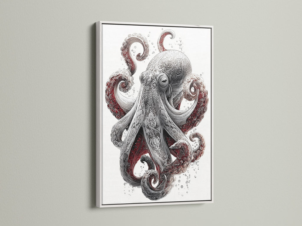 The Octopus art print is showcased in a white frame. A great option for bright walls. This vintage octopus art adds a coastal touch to any room. Perfect for bathroom wall art and beach-themed decor. Explore our nautical prints today.