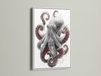 The Octopus art print is showcased in a white frame. A great option for bright walls. This vintage octopus art adds a coastal touch to any room. Perfect for bathroom wall art and beach-themed decor. Explore our nautical prints today.