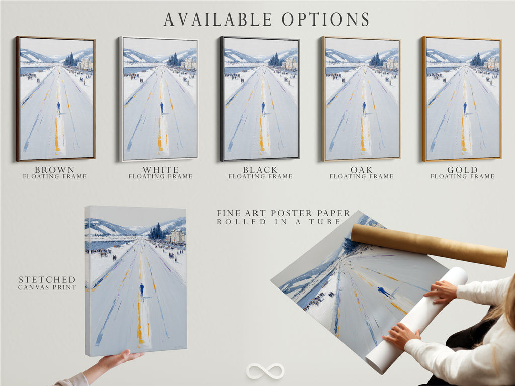 Available options for the Winter Cityscape artwork are shown. Choose from a stretched canvas print fine art poster paper or floating frame. Perfect for minimalist Scandinavian or industrial spaces. Customize your wall art to match your style today. Elevate your office or home decor.