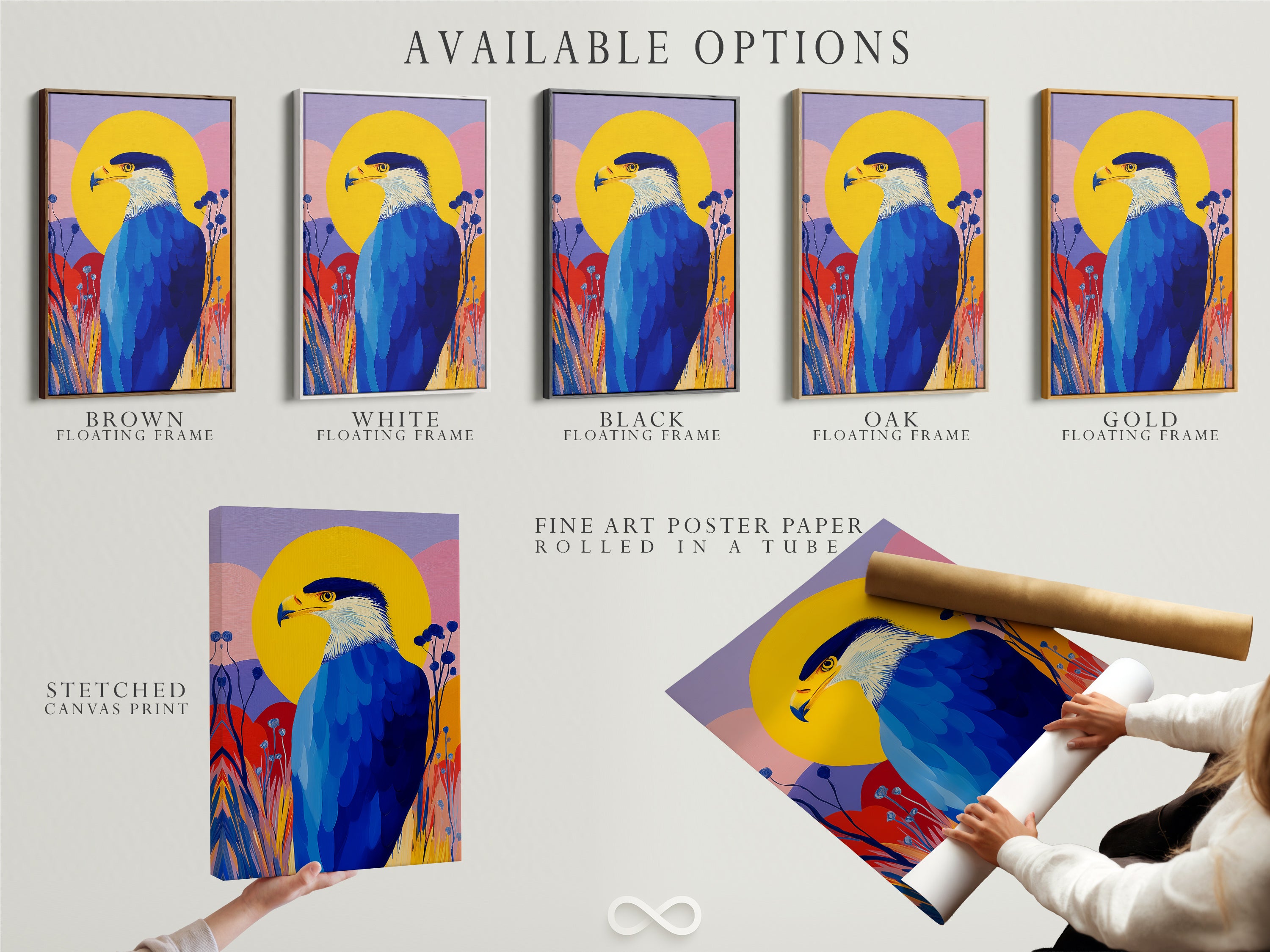 Explore available options for the eagle art. Choose between a stretched canvas print fine art poster paper or floating frame. Customize your artwork to perfectly match your style. Elevate your home decor today.
