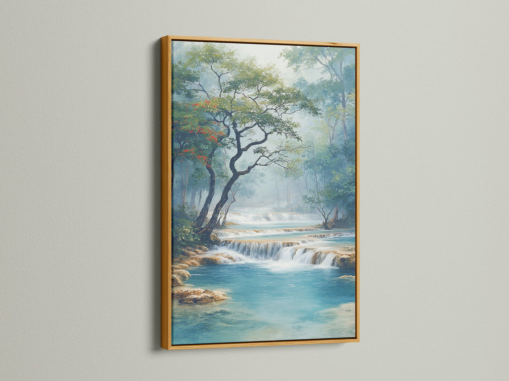 Waterfall Canvas artwork with a gold frame. This serene landscape poster brings nature's beauty indoors. Enjoy the calming water scenery with this fine art piece. The turquoise decor complements coastal and tropical styles.
