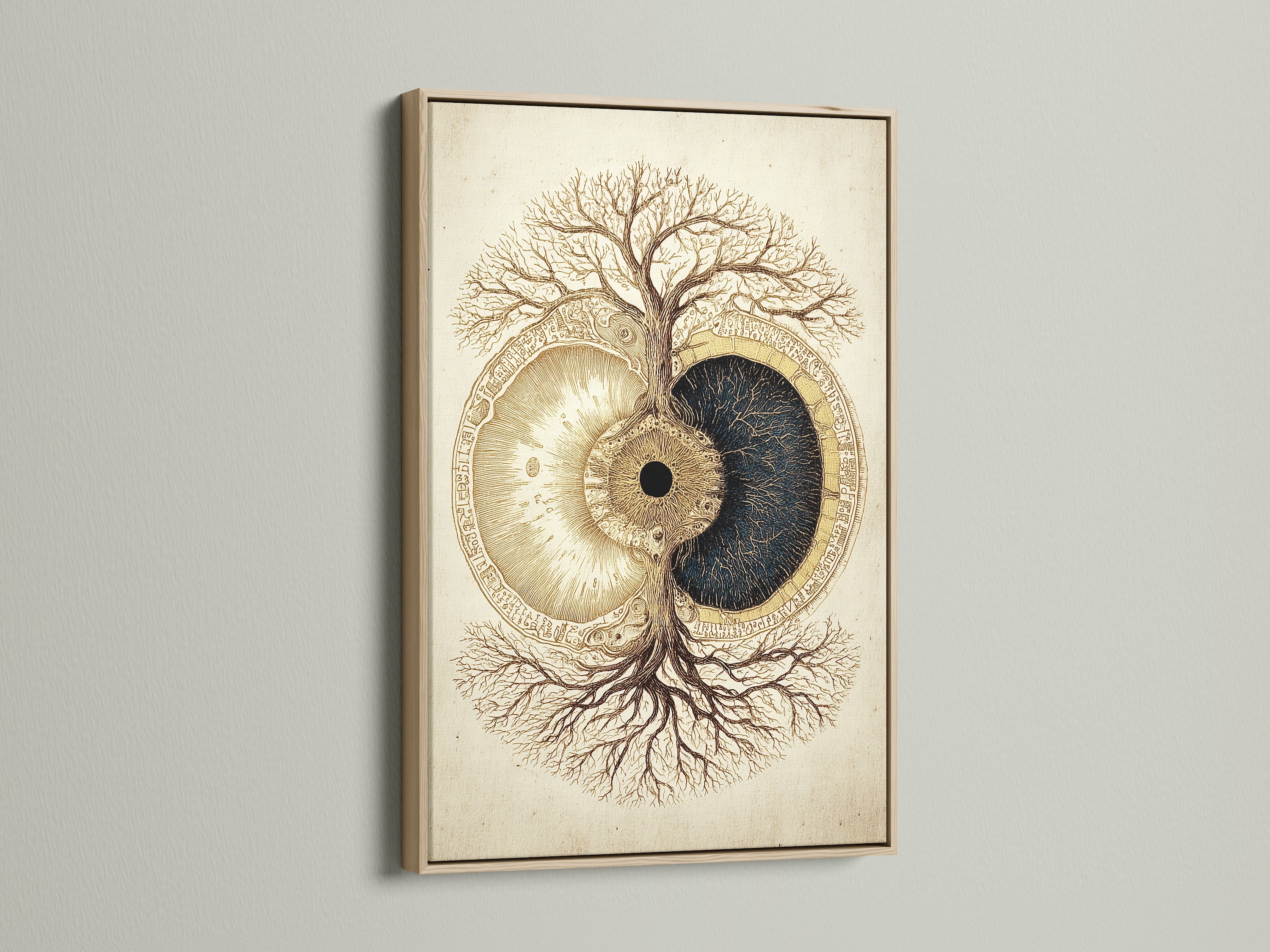 Oak Frame. This frame enhances the artwork. The oak frame adds a touch of warmth and nature. The art features a tree and eye artwork. The oak frame is perfect for any room. It brings nature indoors. The artwork is framed beautifully.