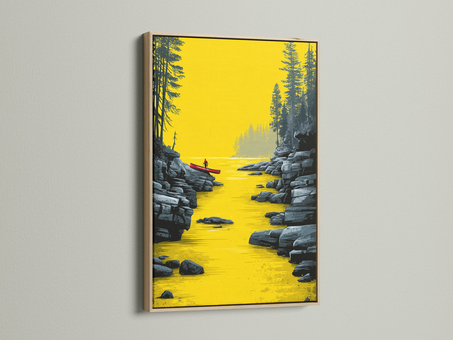 River Kayak Canvas Artwork with an Oak Frame. The artwork features a serene river scene with a lone kayaker. Perfect modern landscape artwork for your office or living room. Elevate your space with this golden yellow wall art today.