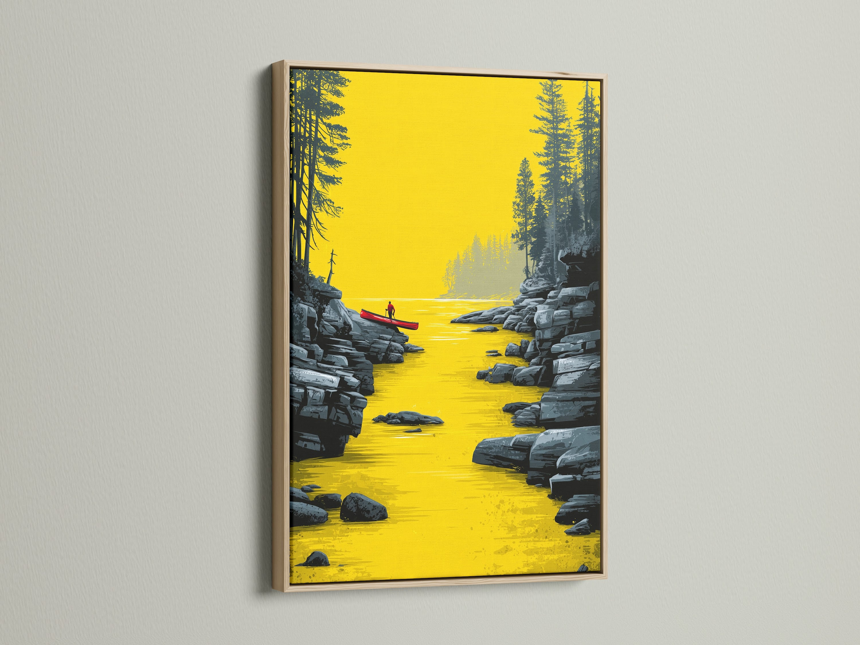 River Kayak Canvas Artwork with an Oak Frame. The artwork features a serene river scene with a lone kayaker. Perfect modern landscape artwork for your office or living room. Elevate your space with this golden yellow wall art today.