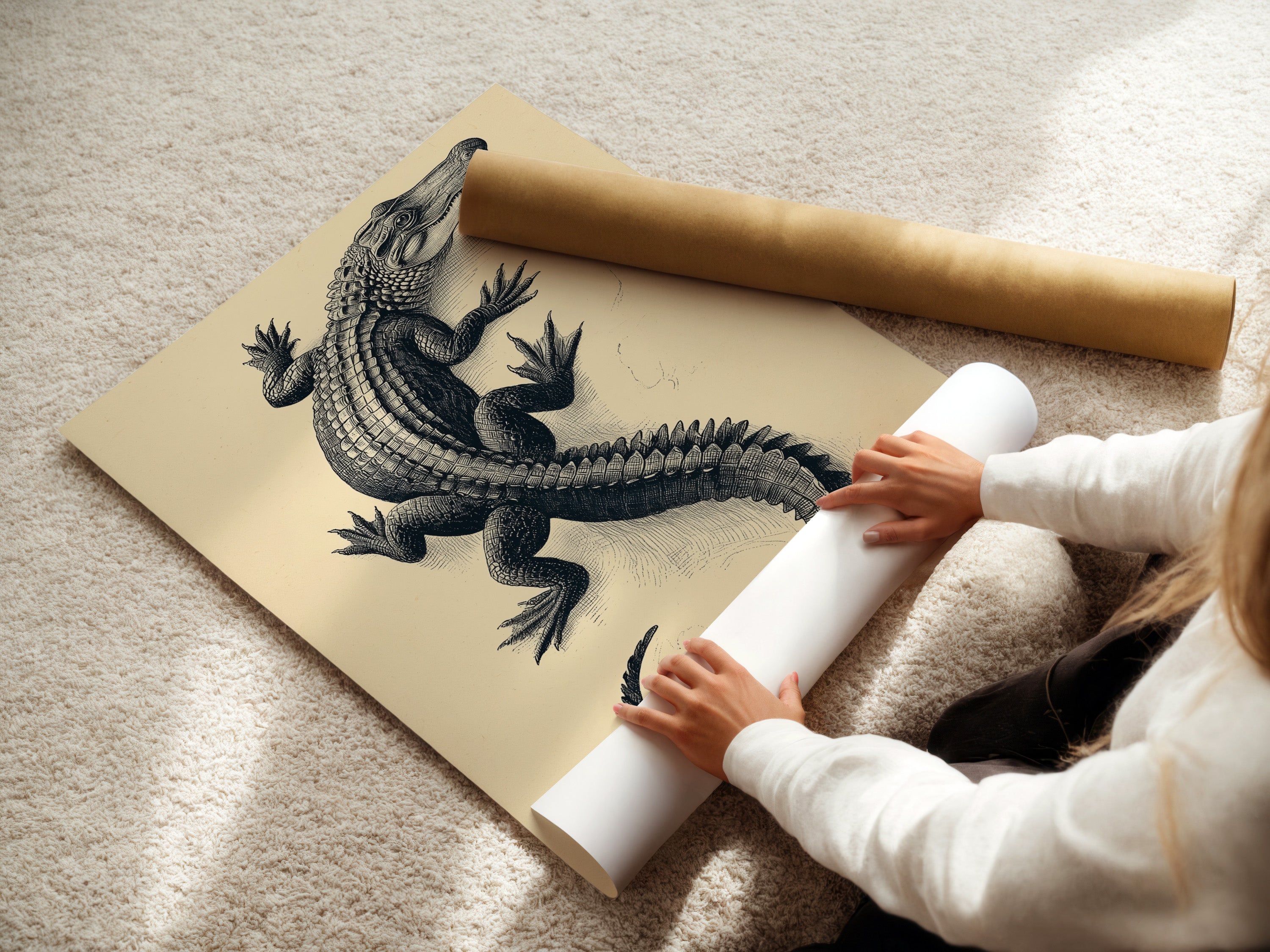 A woman carefully rolls a fine art poster paper of a Vintage Alligator Art Print. This shows the care in preserving this antique reptile wall art. Perfect for collectors and enthusiasts of natural history canvas art. Ideal for study rooms or spaces needing a touch of vintage zoology decor. A fine addition.