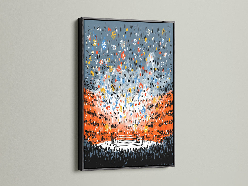 A modern boxing art piece in a sleek black frame. The canvas print captures the excitement of fight night. This sports arena artwork is a great addition to any man cave or living space. Get this bold and dynamic art for your home.