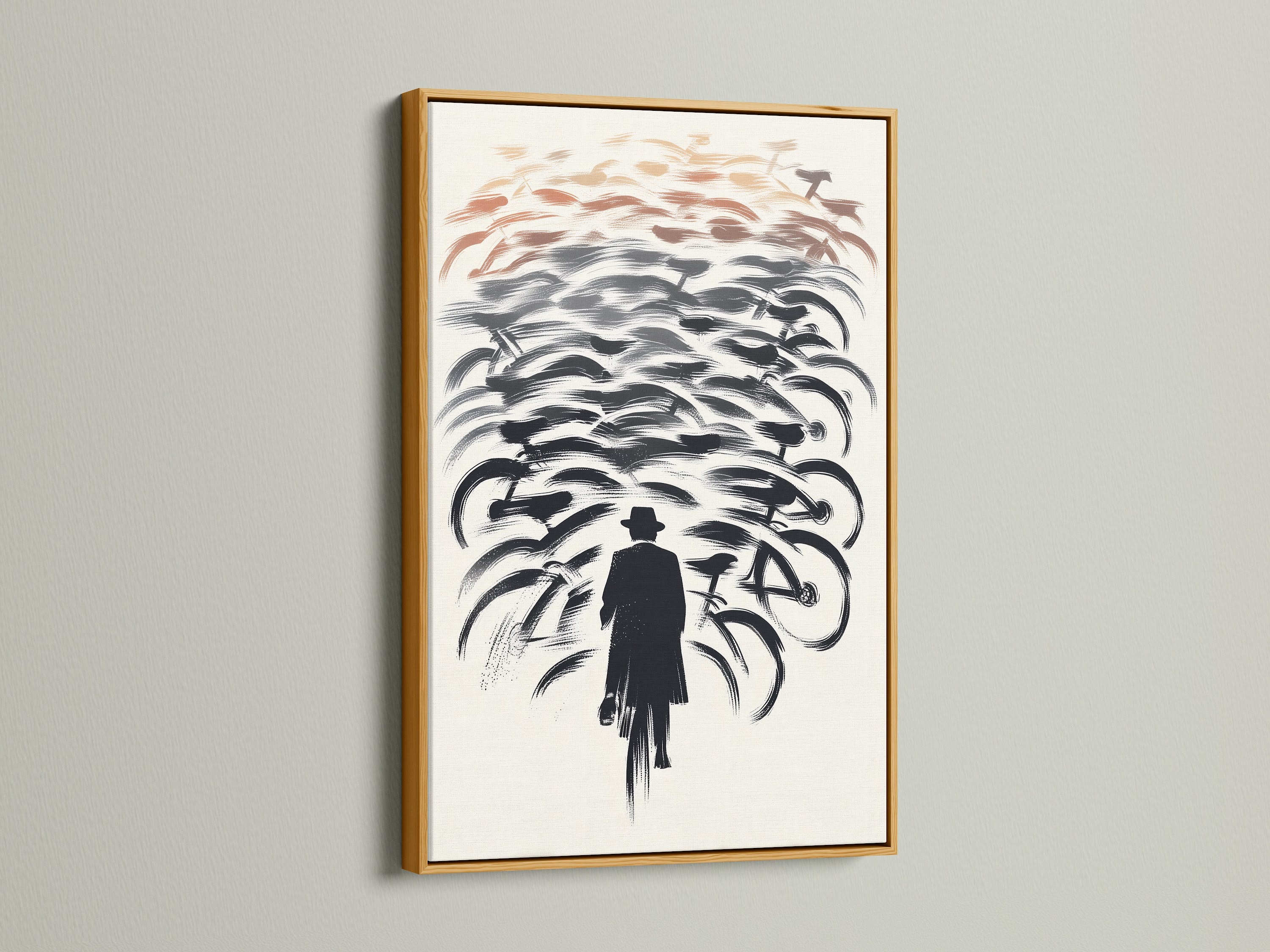 Add a touch of glamor with this gold framed bicycle artwork. See the abstract cycling poster of a man with bikes. This bikes wall art is perfect for elevating your living room wall art. Get your cycling print today.