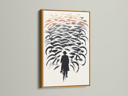 Add a touch of glamor with this gold framed bicycle artwork. See the abstract cycling poster of a man with bikes. This bikes wall art is perfect for elevating your living room wall art. Get your cycling print today.