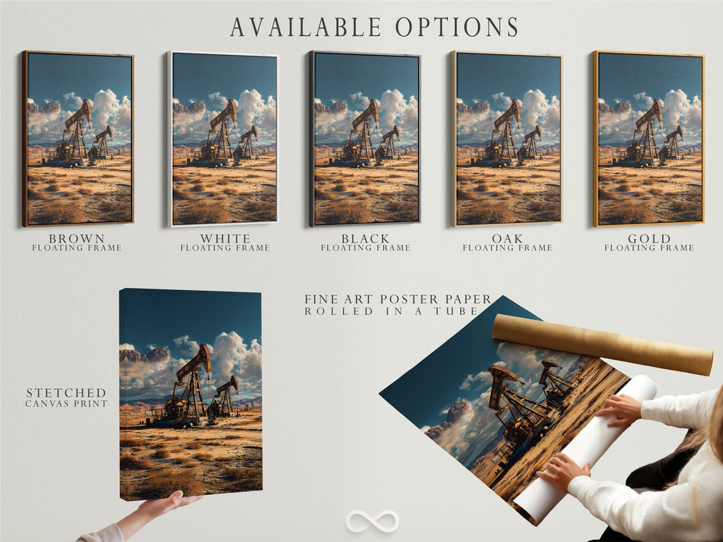 Available options for our oil field canvas artwork. Choose from stretched canvas print fine art poster paper or floating frame. This desert landscape artwork offers versatile earth tone decor options. Customize your industrial photography print today. Select your preferred style!