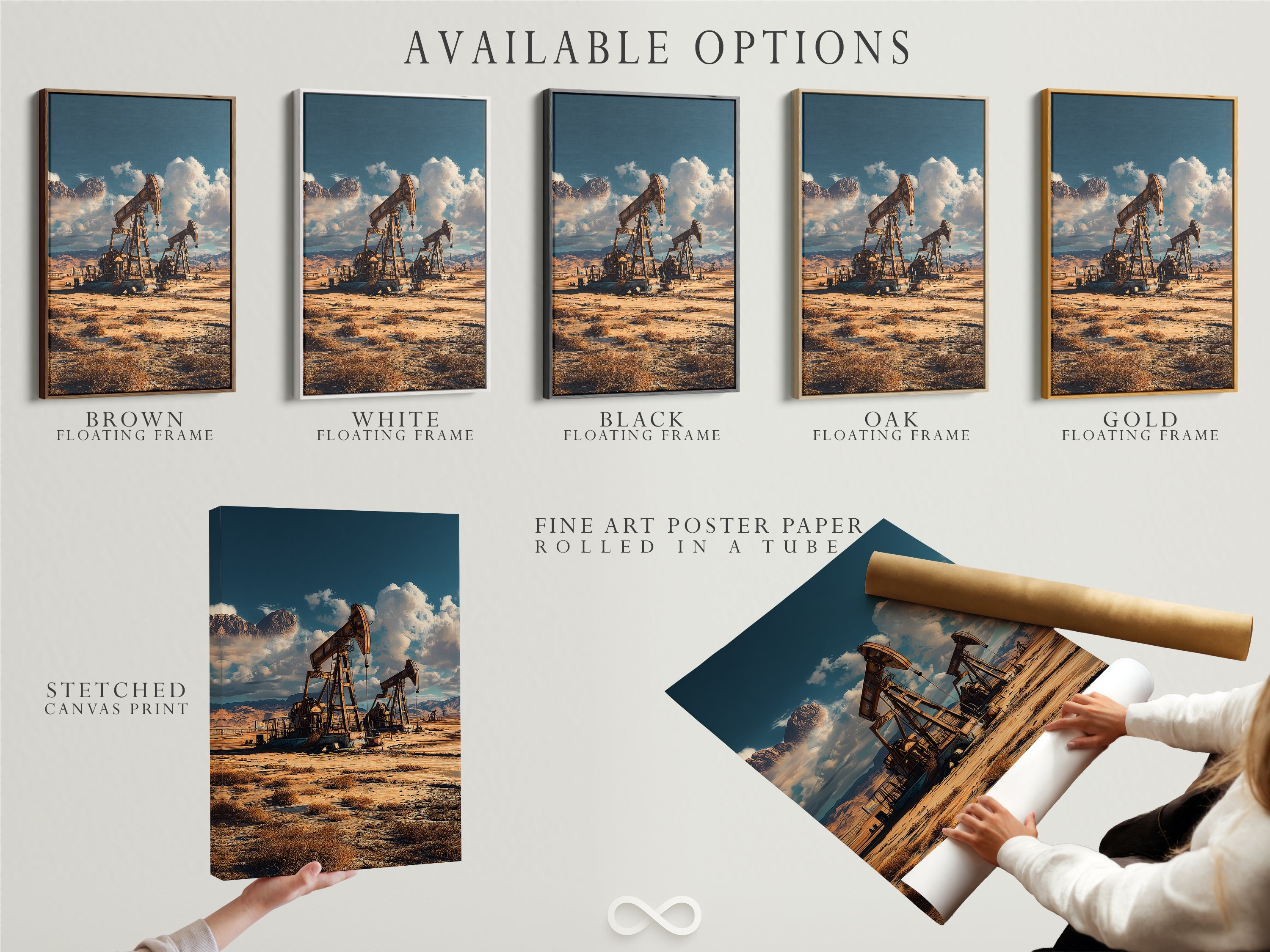 Available options for the oil field artwork. Choose from stretched canvas print fine art poster paper or floating frame. This desert landscape art suits industrial and utility styles.