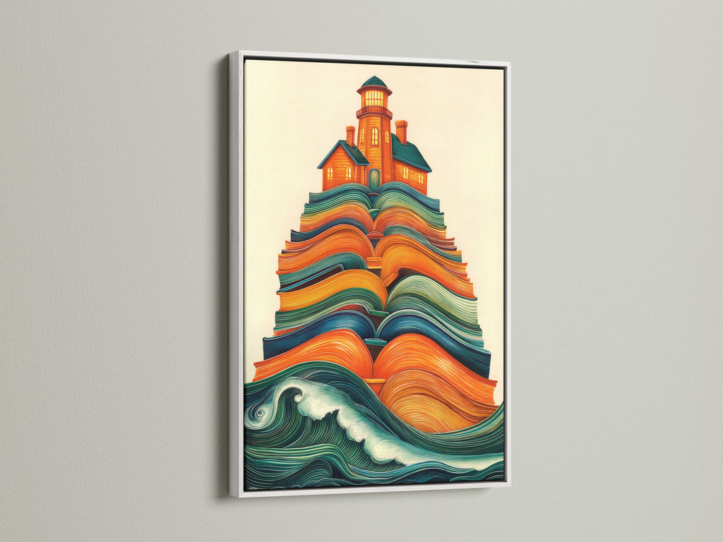 Lighthouse on Books canvas artwork with a white frame. The white frame complements the whimsical decor. Ideal for adding a nautical touch to your living area. Find your perfect coastal artwork.