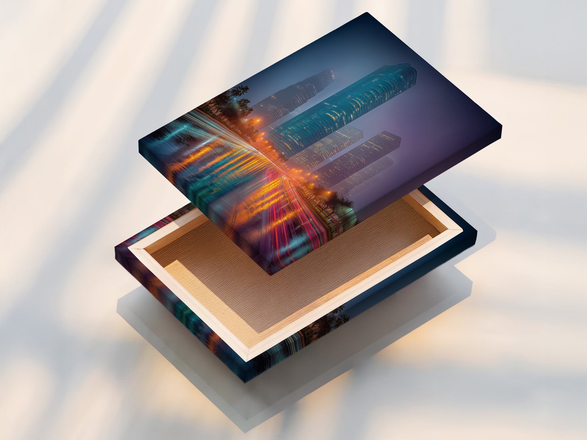 Close up of a stretched canvas print. The cityscape art features modern teal and orange tones. This urban skyline artwork is perfect for contemporary decor. The stretched canvas provides a gallery ready look and feel for your space
