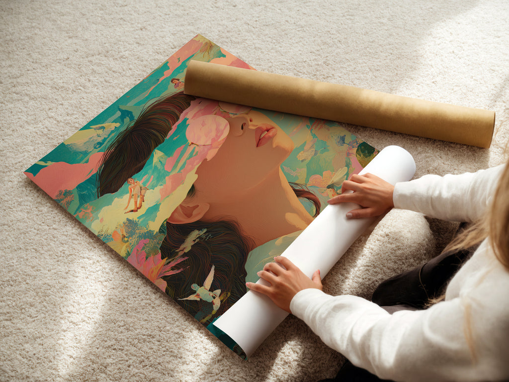 A woman is carefully rolling a fine art poster paper. The paper is high-quality. It is ready for framing or display. Discover the beauty and versatility of fine art posters. Perfect for adding sophistication to any space.