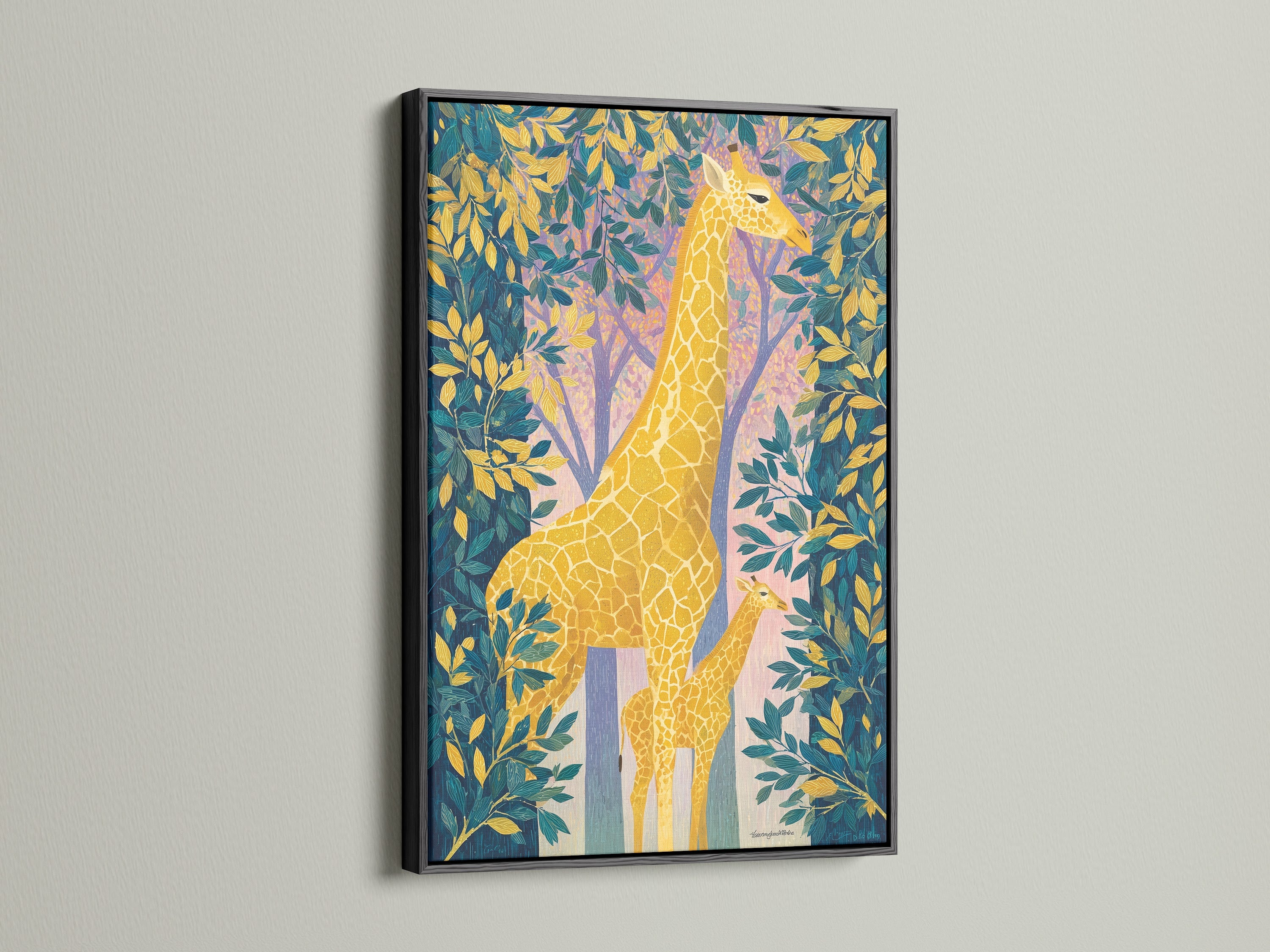 The giraffe artwork is elegantly framed in black. This safari nursery art is a stunning piece for any kids room. The tropical animal art features a colorful giraffe and botanical elements. It's a perfect choice for safari canvas art. This animal wall decor adds a touch of wildlife charm.
