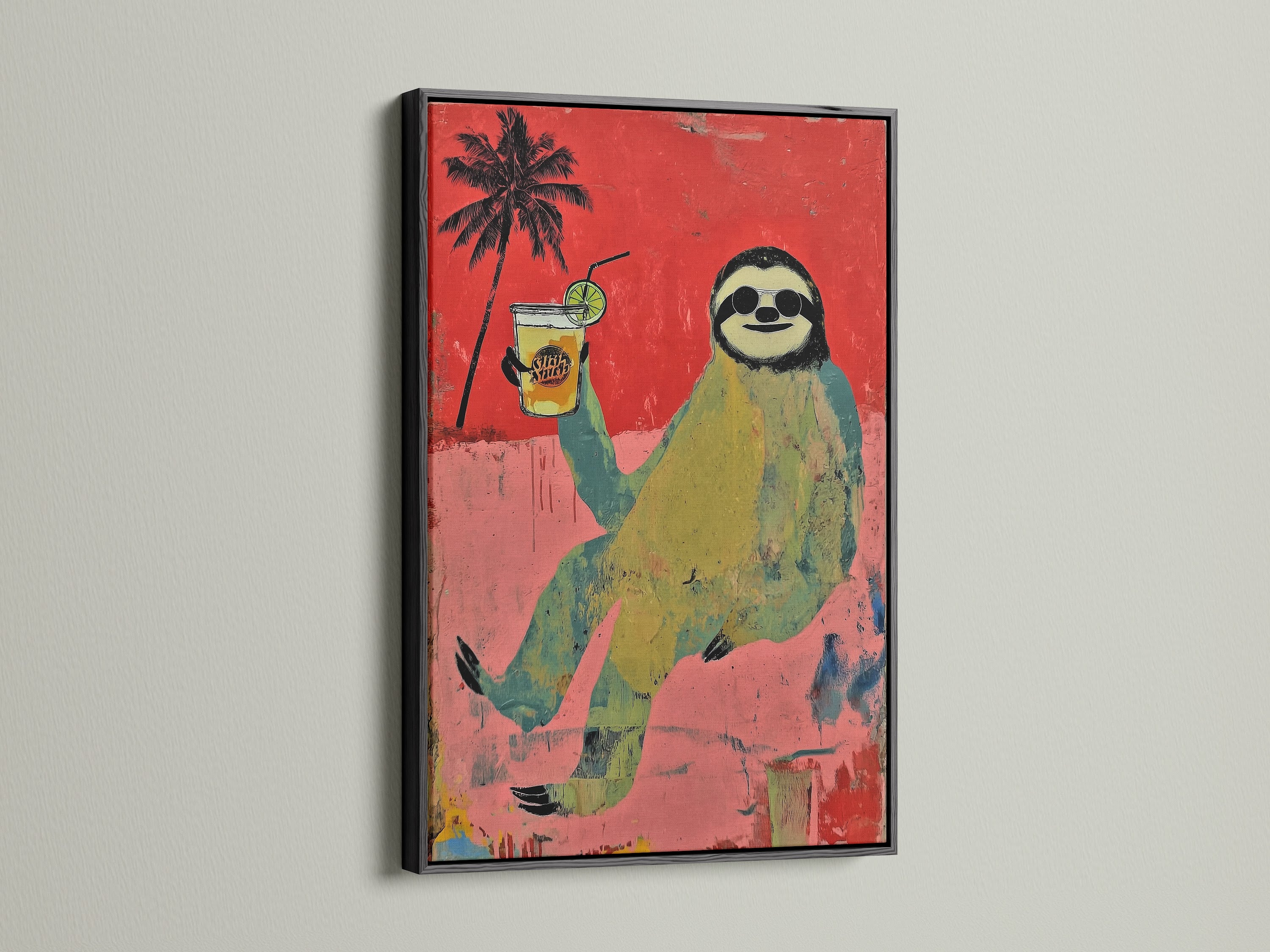 The black frame provides a sleek contrast to the sloth art. This piece is perfect for those who appreciate quirky wall art. The animal canvas art is a fun addition. This is suitable for themed bars or beachside cafes.