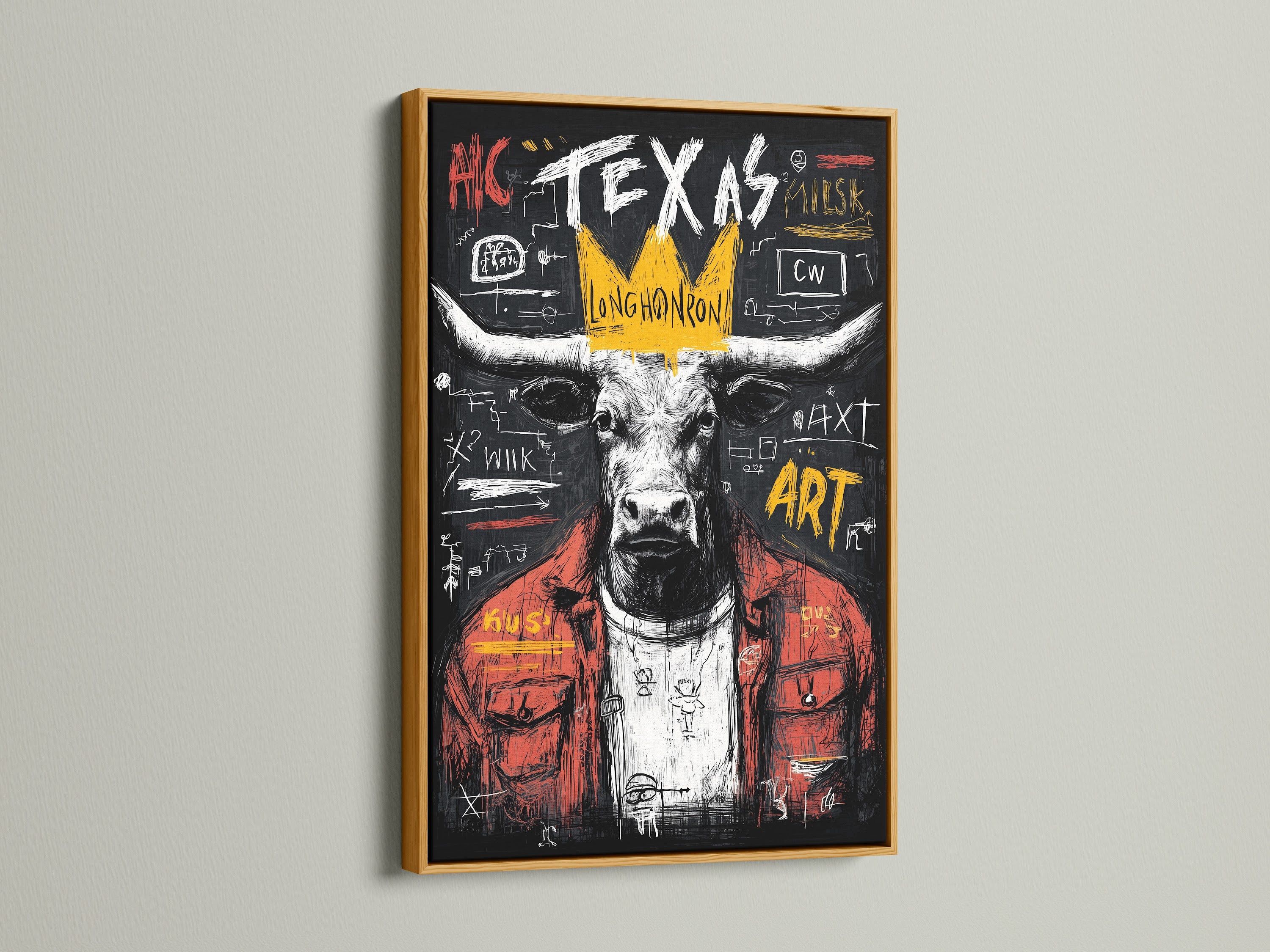 Admire this Texas Longhorn bull artwork presented in a gold frame. The gold frame adds a touch of elegance to the street art print. This Texas art print is a unique addition to any collection.
